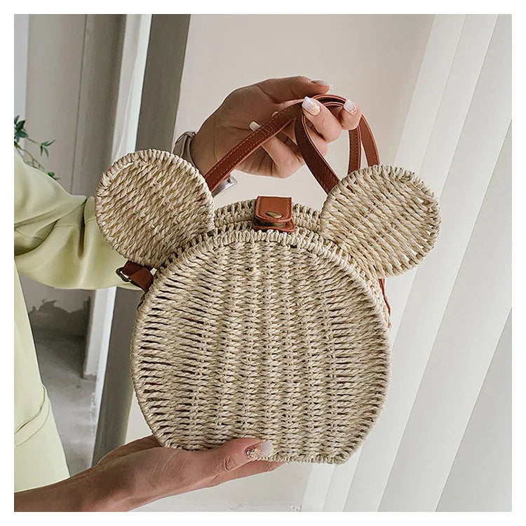 Disney 2023New Ladies Designer Straw Fancy Bag Cute Handbag Rattan Travel Leisure Vacation Small Round Beach Mickey Shoulder Bag - Elevate Your Body