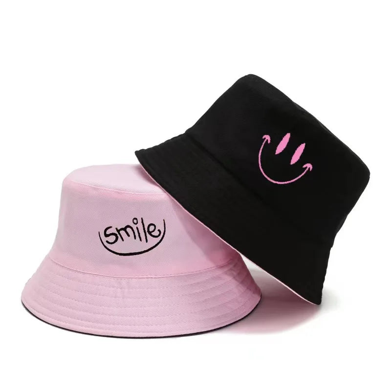 Unisex Smile Embroidered Bucket Hat - Double-Sided Cotton Corduroy Bob Cap for Beach, Fishing, and Casual Outings.