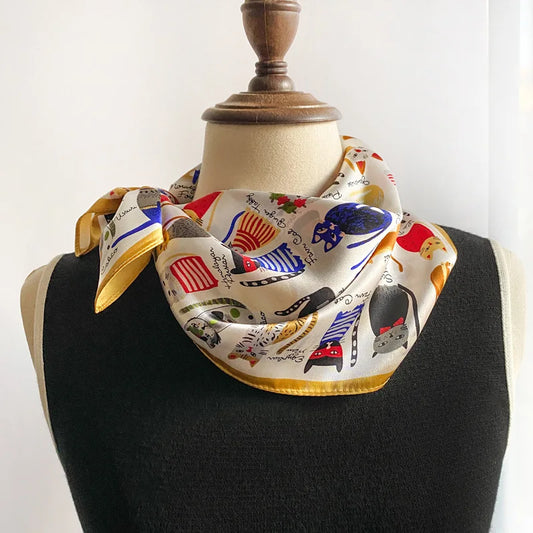 70cm Women's Cat Print Silk Scarf - Fashionable & Versatile Animal Design Square Headscarf.