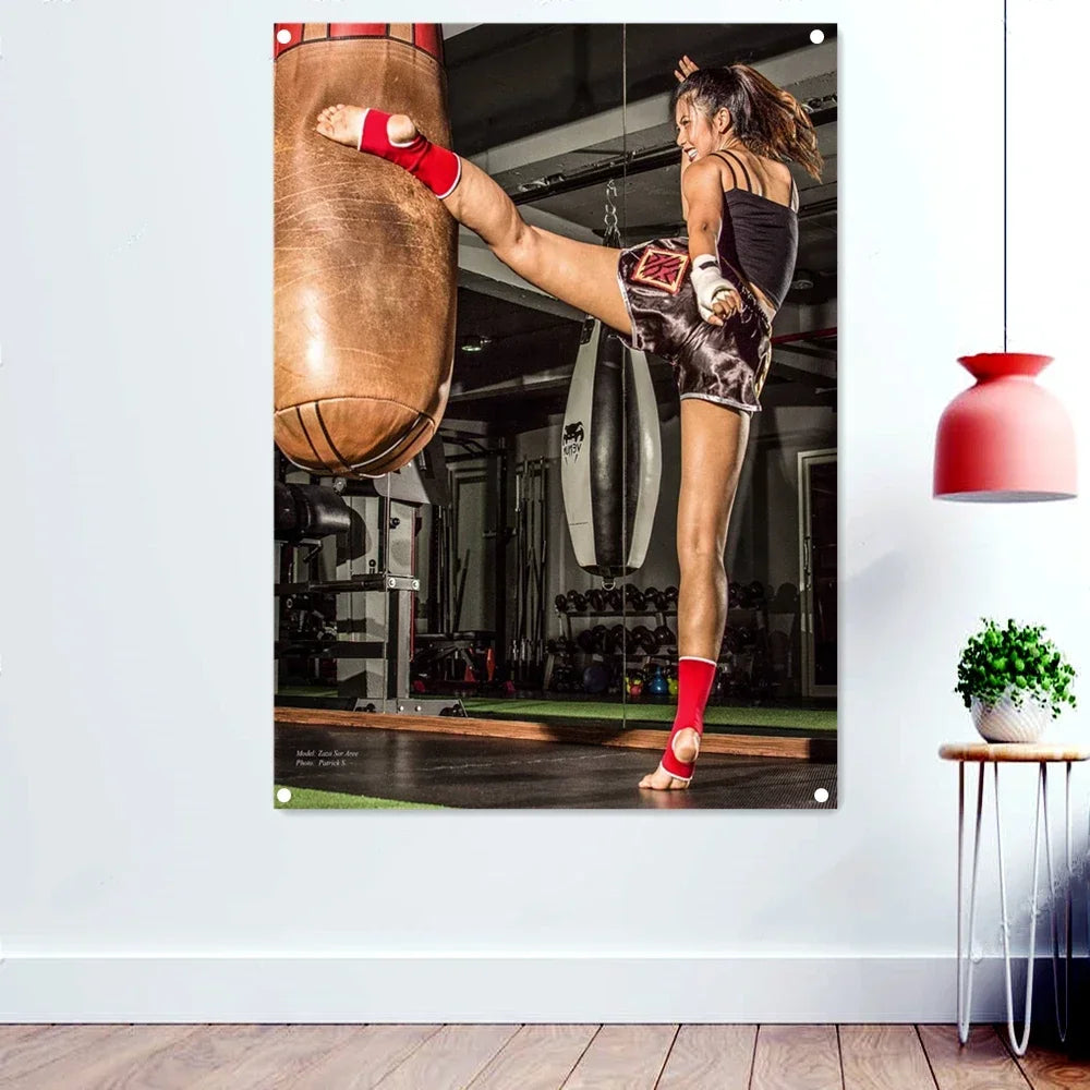 Muay Thai Women Kick Wallpaper Black Background Banner Wall Art Hanging Cloth Boxing Workout Poster Flag Artwork Gym Decoration.