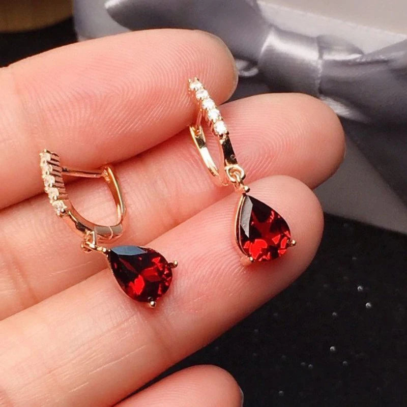 Silver Inlaid Wine Red Ruby earrings for women Exquisite and Simple Water Drop Eardrops earings Fashion Party Jewelry.