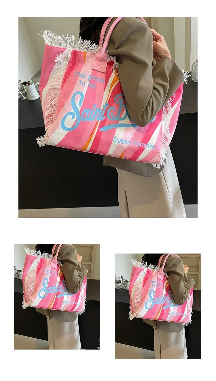 Popular Korean letters tassel canvas bag large-capacity bag simple commuting students to single shoulder Tote bag - Elevate Your Body