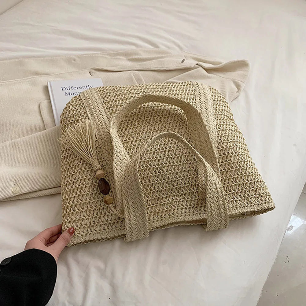 Summer Straw Women Bag Hand-Woven Handbags Handmade Raffia Beach Boho Shoulder Bag Large Tote Bag Tassel Shopping Purses 2024