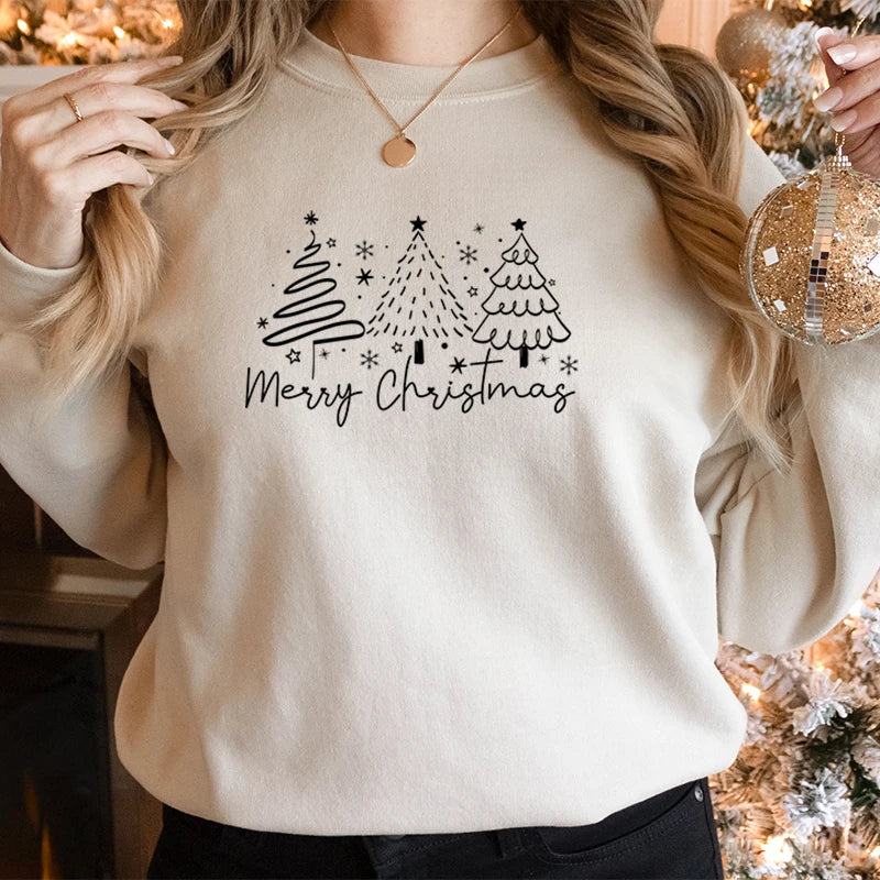 Merry Christmas Tree Trending Sweatshirts Women Funny Festive Fashion Casual Hoodies Trendy Christmas Tree Design Holiday Hoodie.