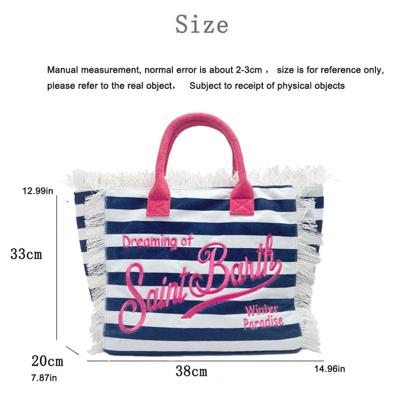 Popular Korean letters tassel canvas bag large-capacity bag simple commuting students to single shoulder Tote bag.